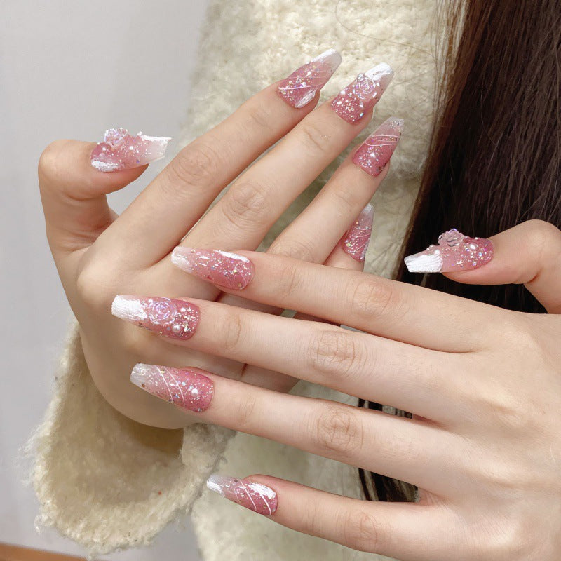 Pink Frosted Glitter Press On Nails with Rose Charms Sage & Shimmer Beauty