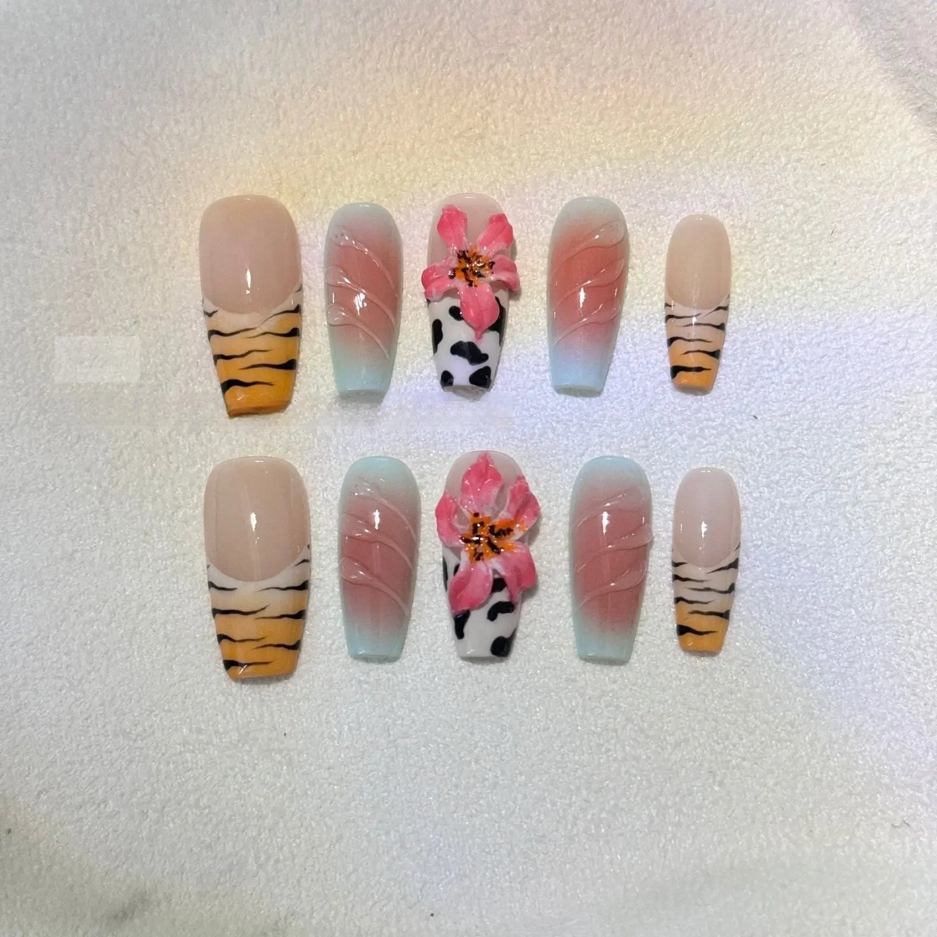 Zebra and Cow Print Ballerina Press On Nails with Flowers Sage & Shimmer Beauty
