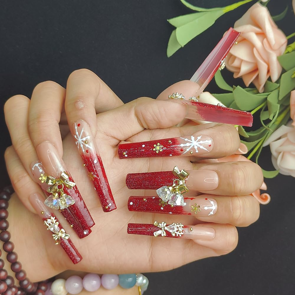 Extra Long Red Snowflake Press On Winter Nails with Rhinestones Sage & Shimmer Beauty