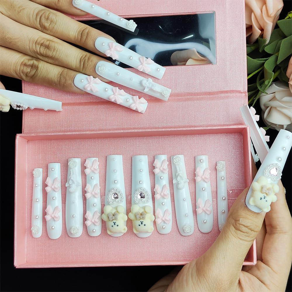 Teddy Bear Pink Bow Extra Long Press On Nails with White Pearls Sage & Shimmer Beauty