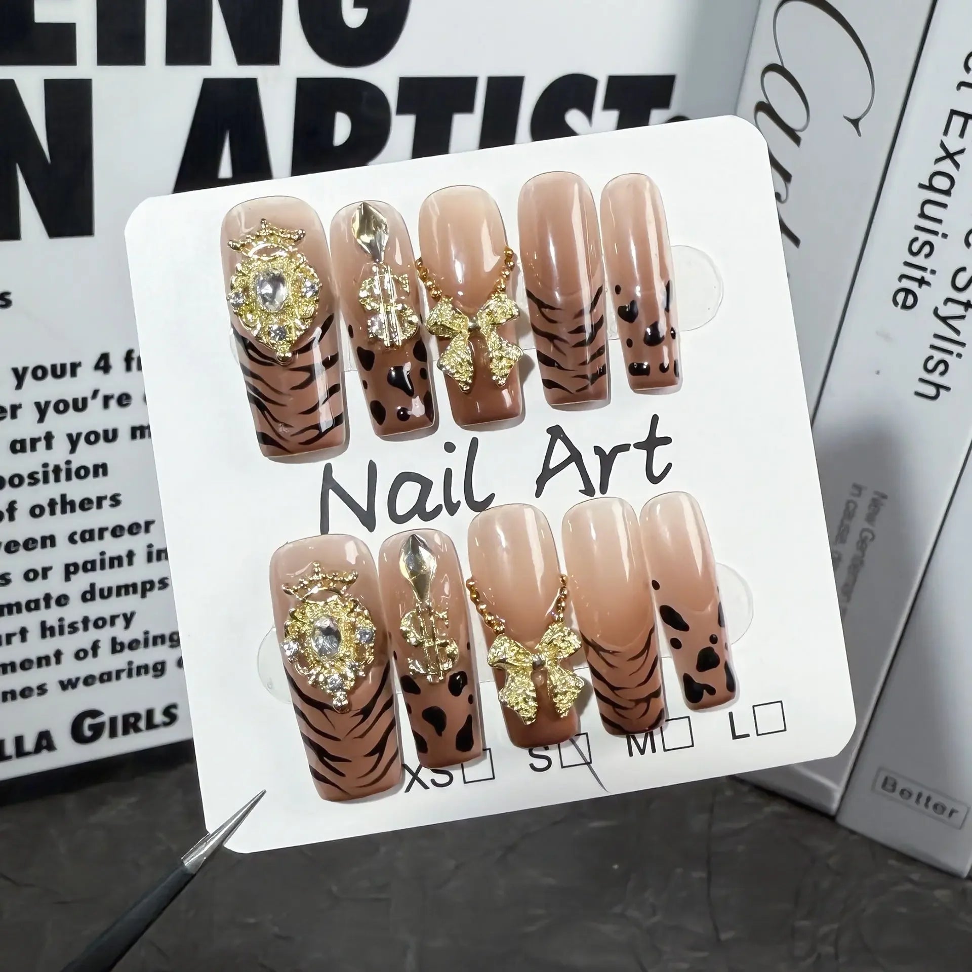 Nude Gradient Animal Print Press On Nails with Gold Gems Bows and Money Sign Sage & Shimmer Beauty