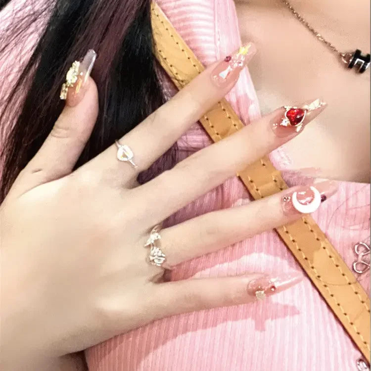 Nude Ballerina Fantasy Press On Nails Moon Sparkles and Gold Heart Gems Sage & Shimmer Beauty