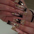 Black French 3D Butterfly Press On Nails Nude Rhinestone Coffin Set Sage & Shimmer Beauty