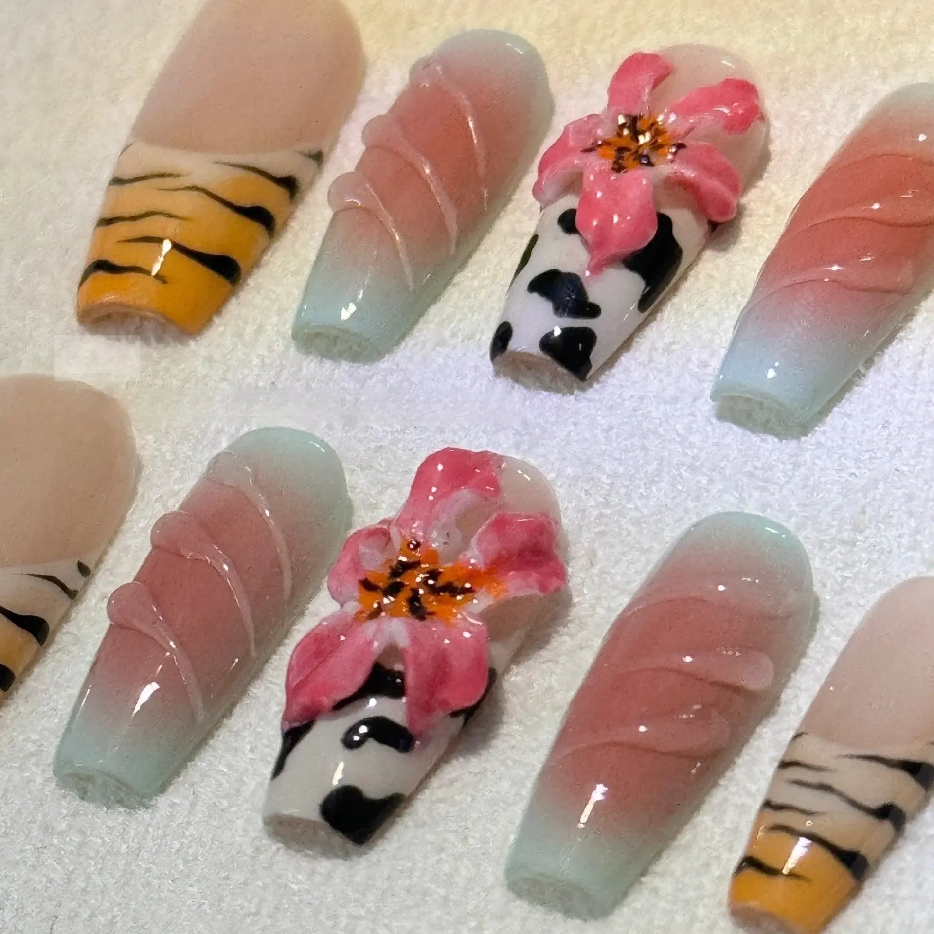 Zebra and Cow Print Ballerina Press On Nails with Flowers Sage & Shimmer Beauty