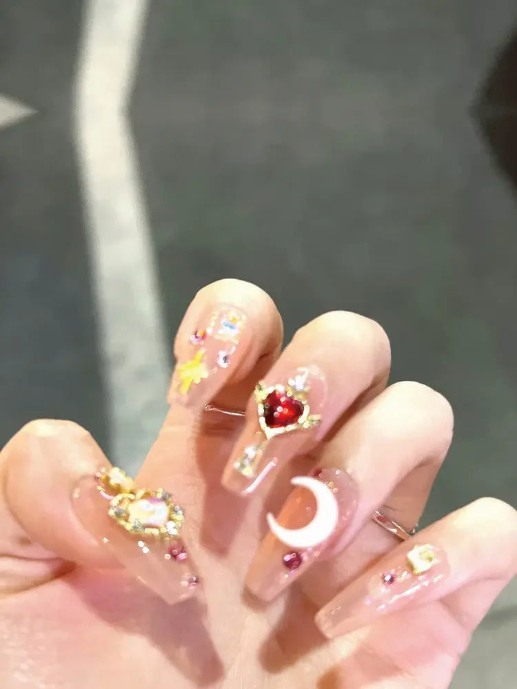 Nude Ballerina Fantasy Press On Nails Moon Sparkles and Gold Heart Gems Sage & Shimmer Beauty