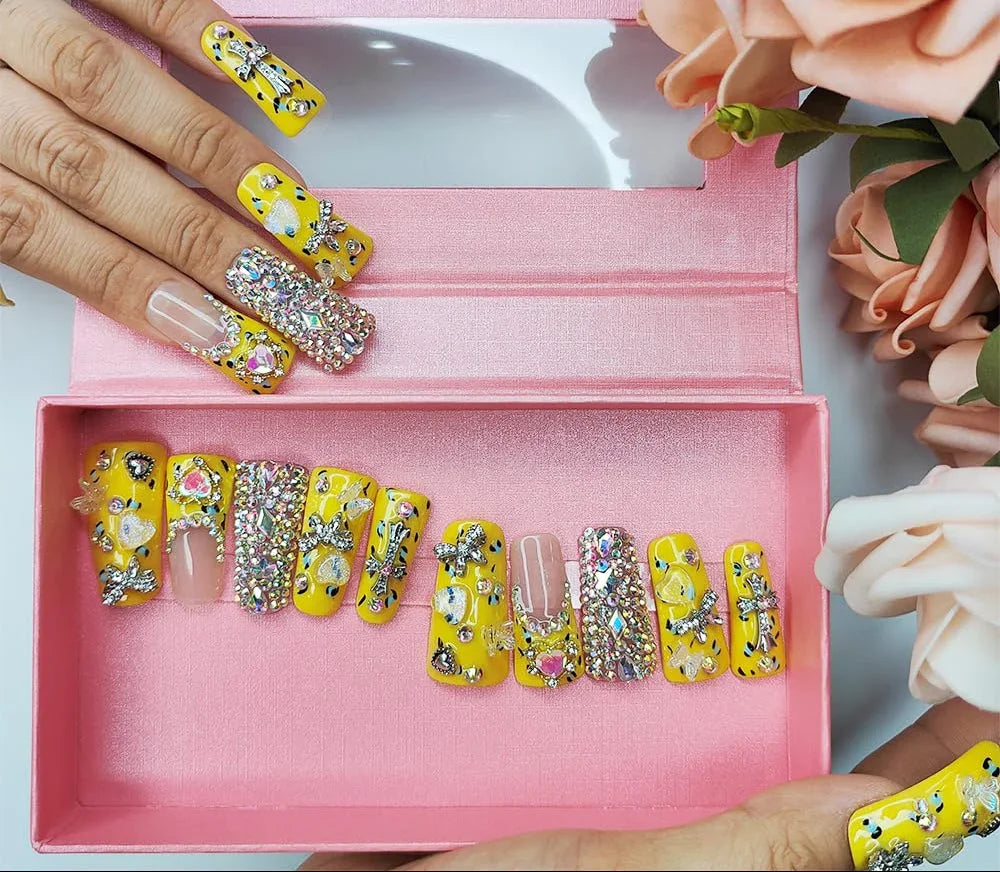 Y2K Yellow Rhinestone Duck Nails Press On Set with Crystal Bling Sage & Shimmer Beauty