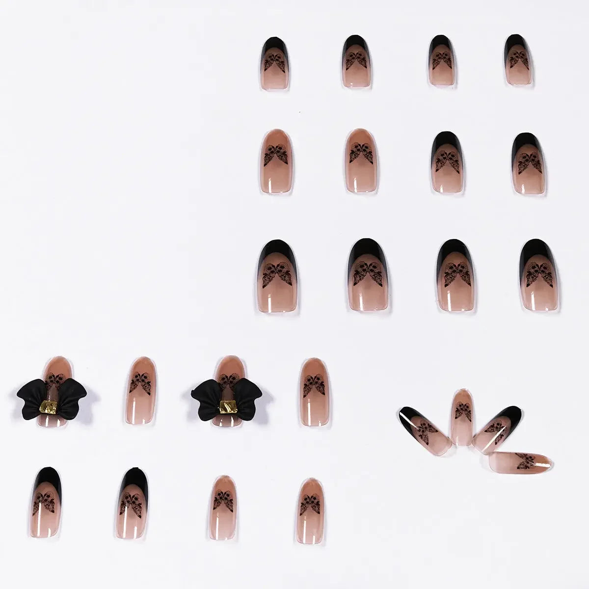 Black French Butterfly Press On Nails Transparent Nude Coffin Set Sage & Shimmer Beauty