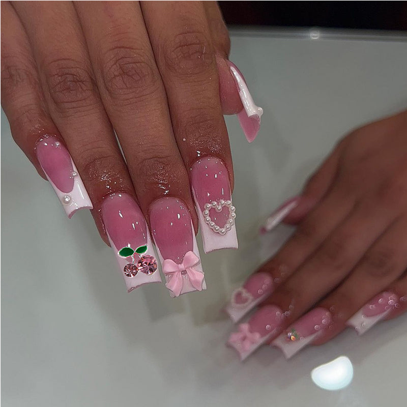 Cherry Bow Pink French Long Square Press On Nails with Pearl Heart Accents