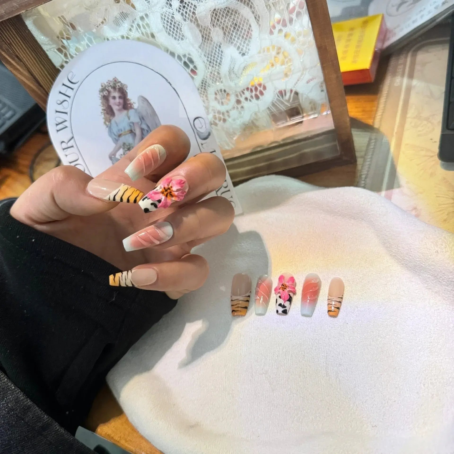 Zebra and Cow Print Ballerina Press On Nails with Flowers Sage & Shimmer Beauty