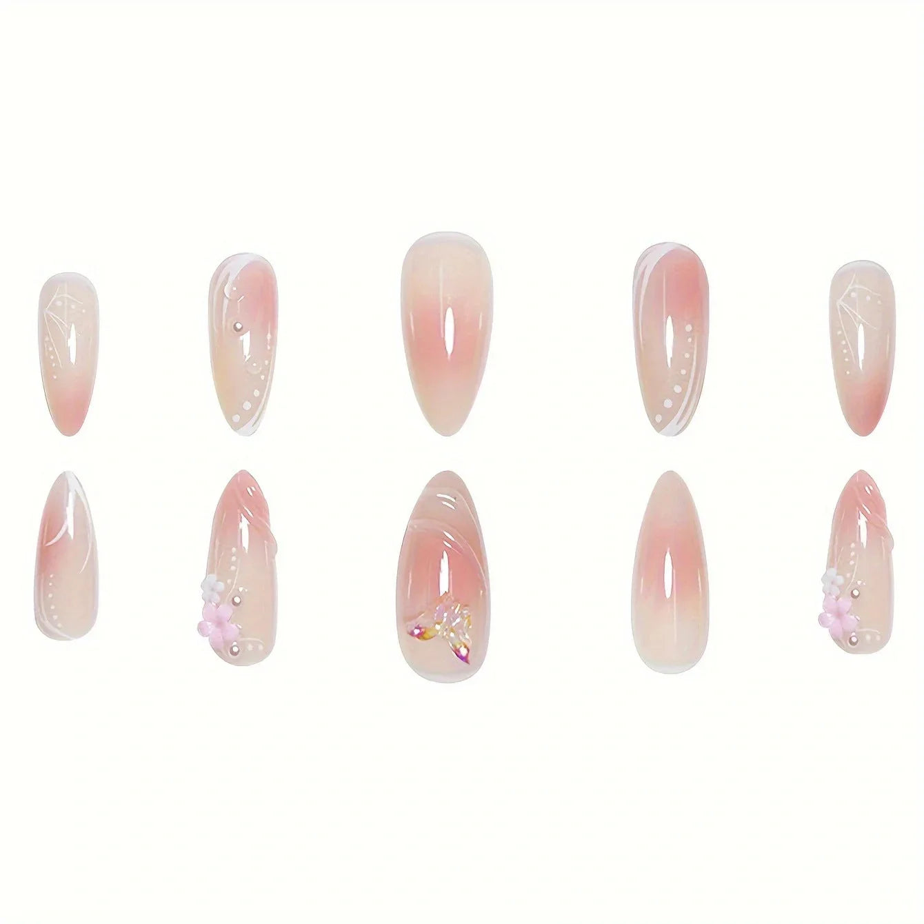 Pink Jelly Almond Press On Nails with 3D Flowers and Butterfly Charms Sage & Shimmer Beauty
