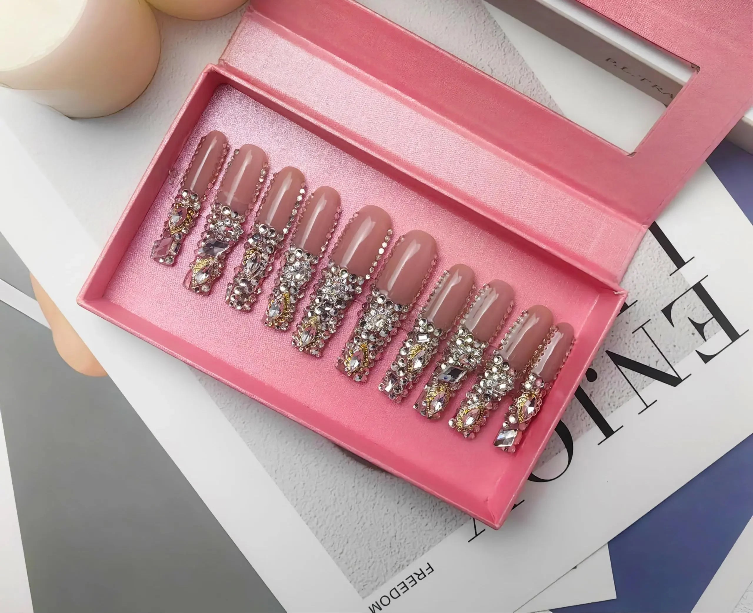 Extra Large Square Press On Nails Nude Bling with Silver Glitter & Gold Rhinestones Sage & Shimmer Beauty