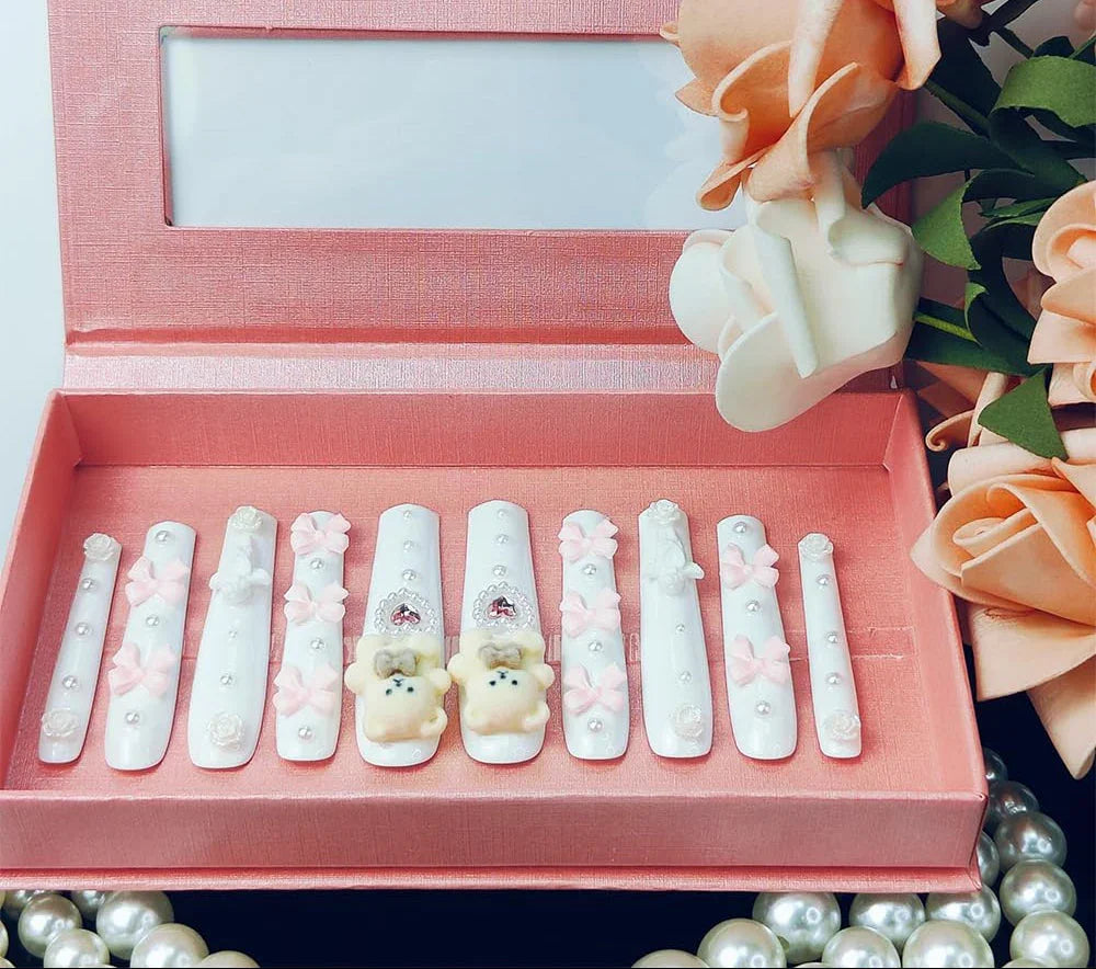 Teddy Bear Pink Bow Extra Long Press On Nails with White Pearls Sage & Shimmer Beauty