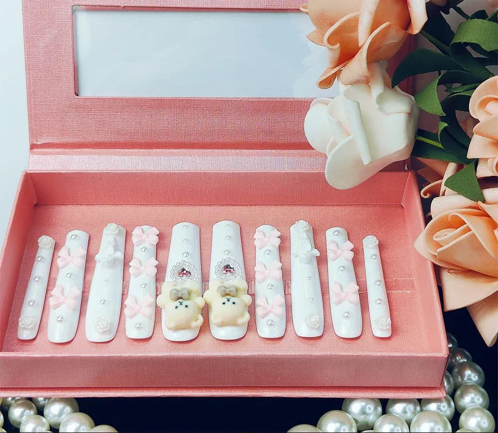 Teddy Bear Pink Bow Extra Long Press On Nails with White Pearls Sage & Shimmer Beauty