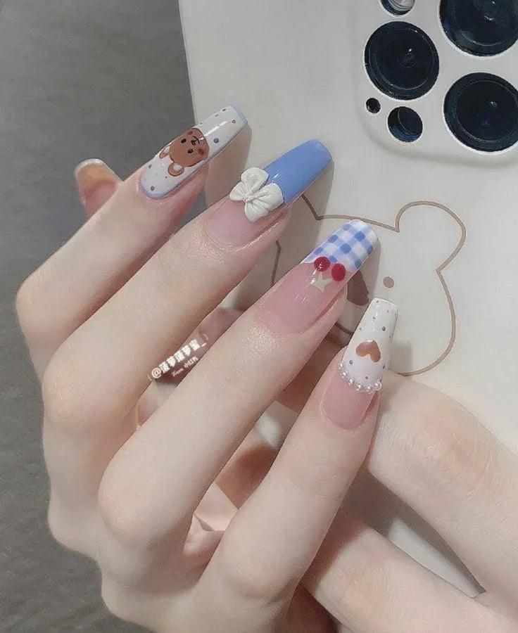 Blue Checkered Cherry Bear Ballerina Press On Nails Sage & Shimmer Beauty