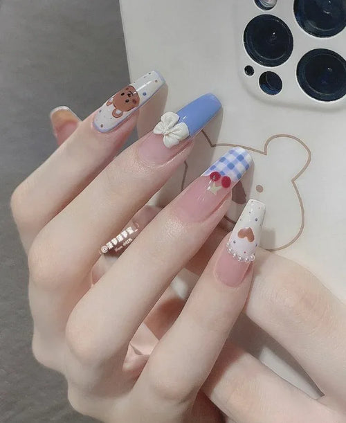 Blue Checkered Cherry Bear Ballerina Press On Nails Sage & Shimmer Beauty