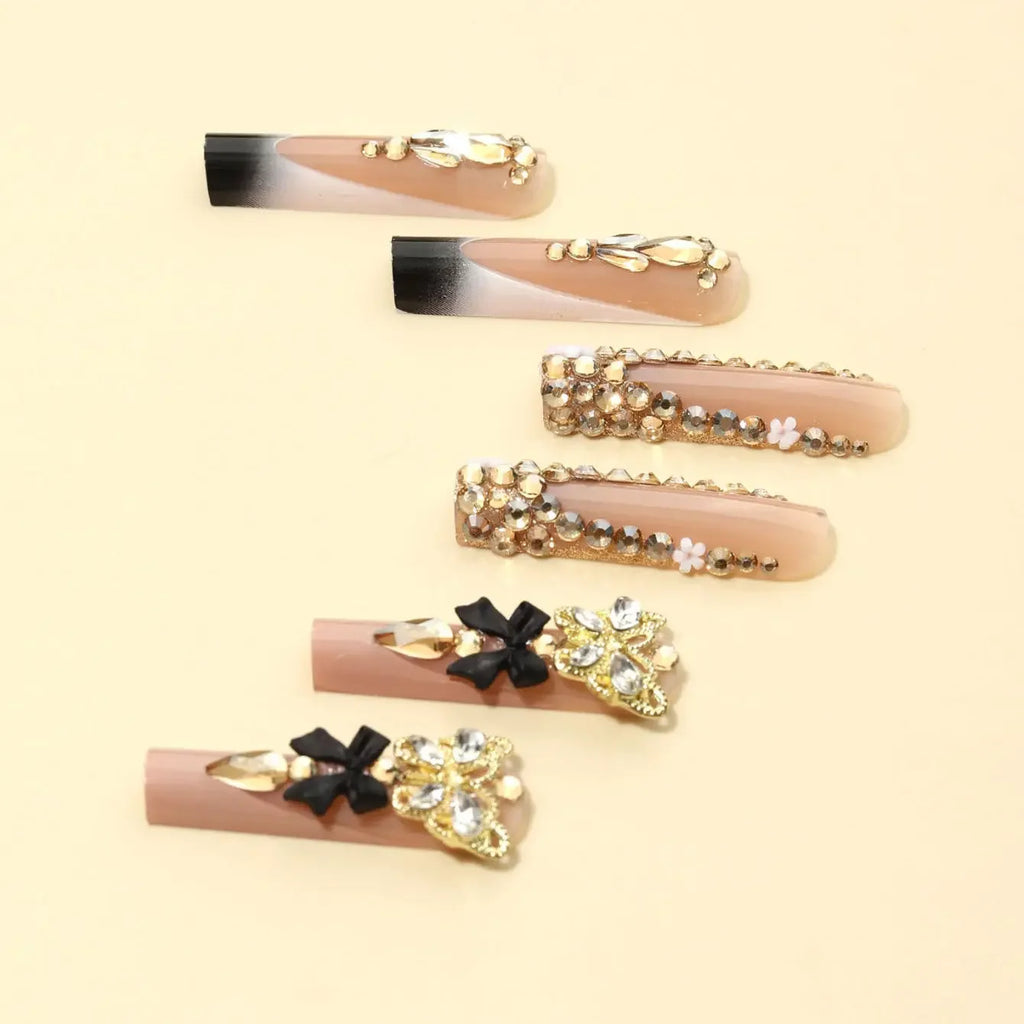 Black French 3D Butterfly Press On Nails Nude Rhinestone Coffin Set Sage & Shimmer Beauty