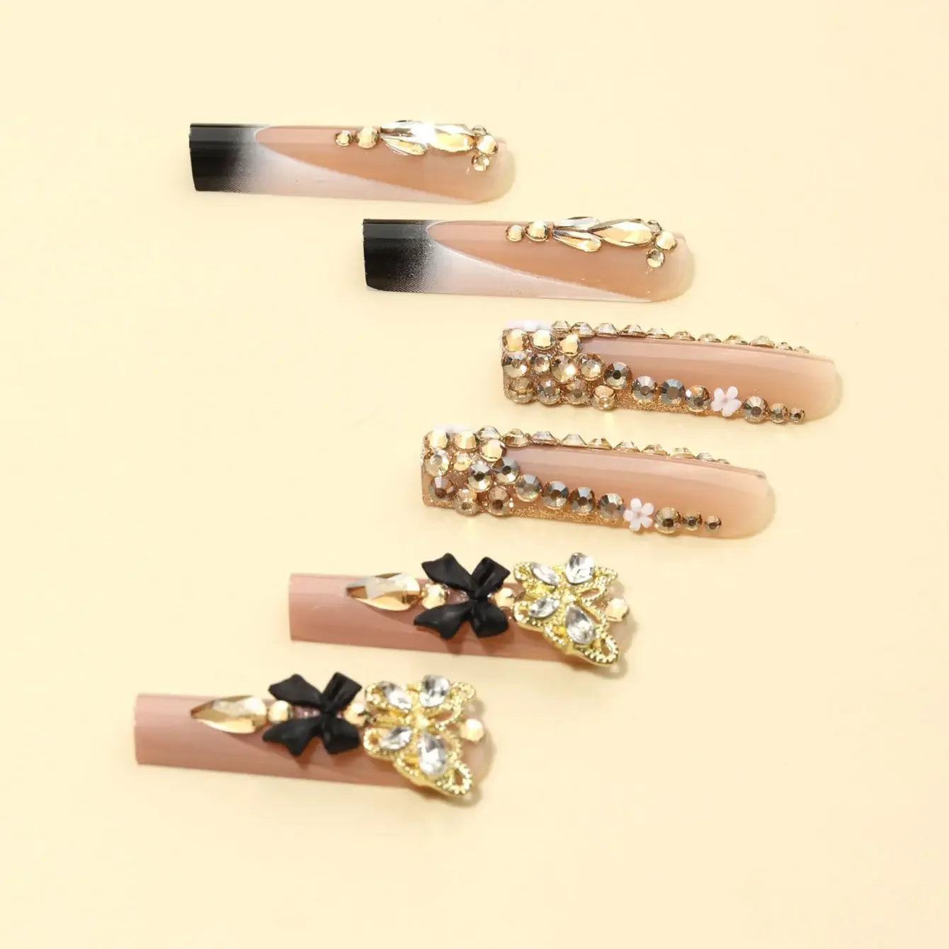 Black French 3D Butterfly Press On Nails Nude Rhinestone Coffin Set Sage & Shimmer Beauty