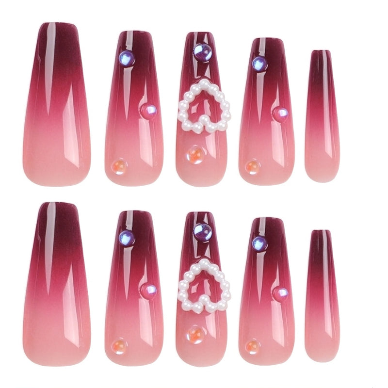 Burgundy Ombre Long Square Press On Nails with Heart and Pearl Charms Sage & Shimmer Beauty