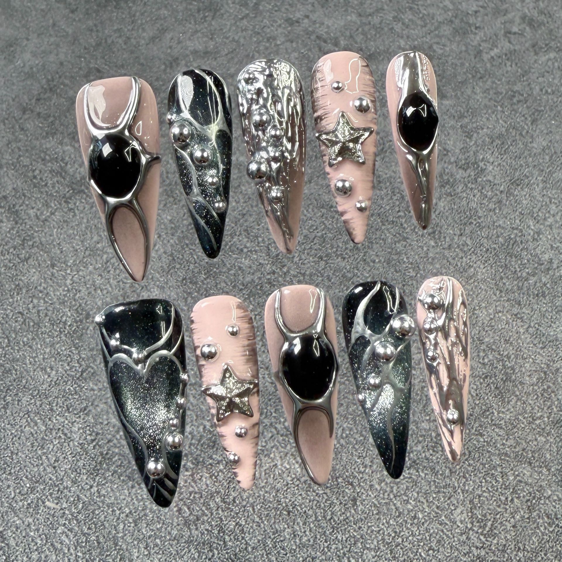 Extra Long Baby Pink and Black Chrome Metallic Press On Nails