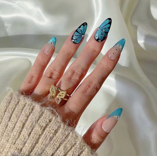 Blue Butterfly French Tip Long Almond Press On Nails Sage & Shimmer Beauty