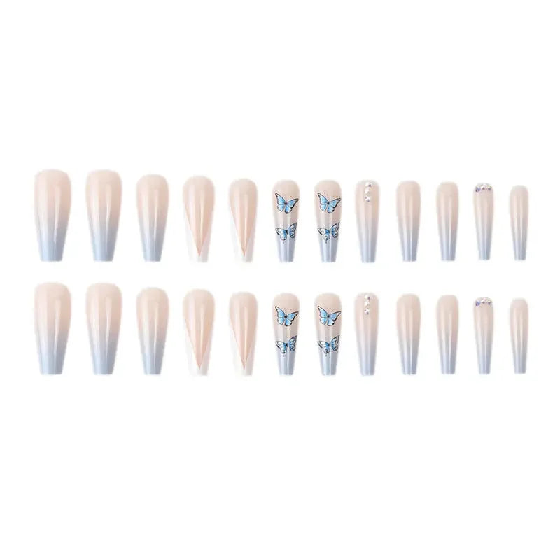 Long Blue Butterfly French Tip Coffin Press On Nails Sage & Shimmer Beauty