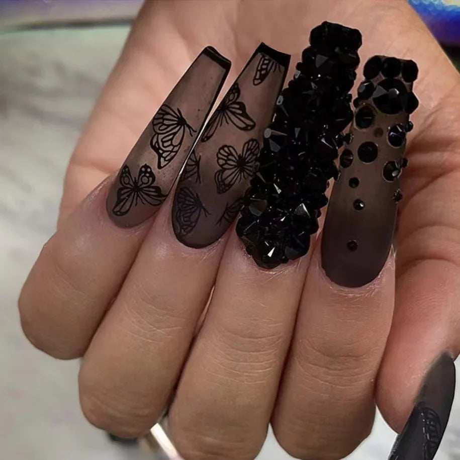 Dark Butterfly Long Press On Nails Black Frosted Gothic Glam Set Sage & Shimmer Beauty