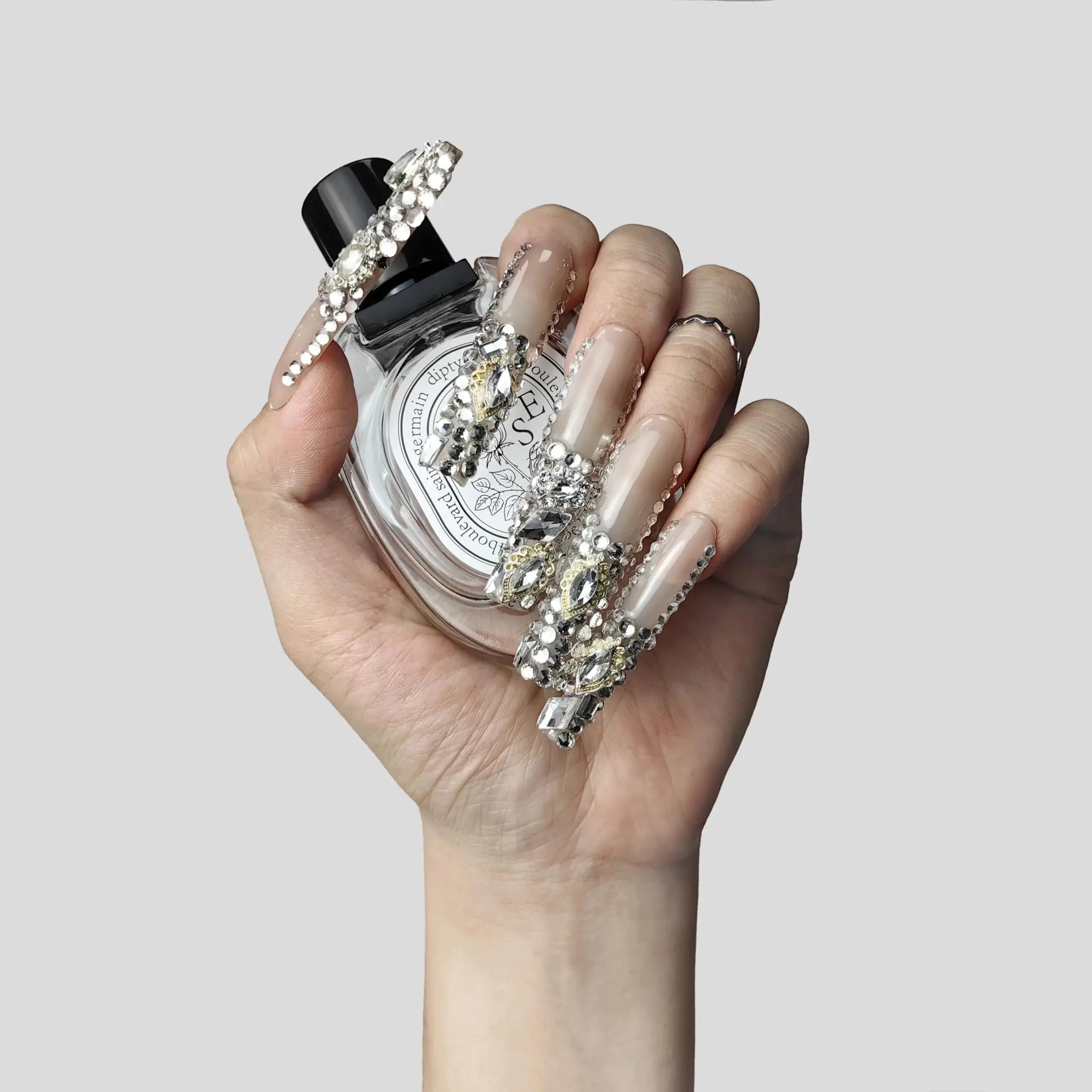 Extra Large Square Press On Nails Nude Bling with Silver Glitter & Gold Rhinestones Sage & Shimmer Beauty