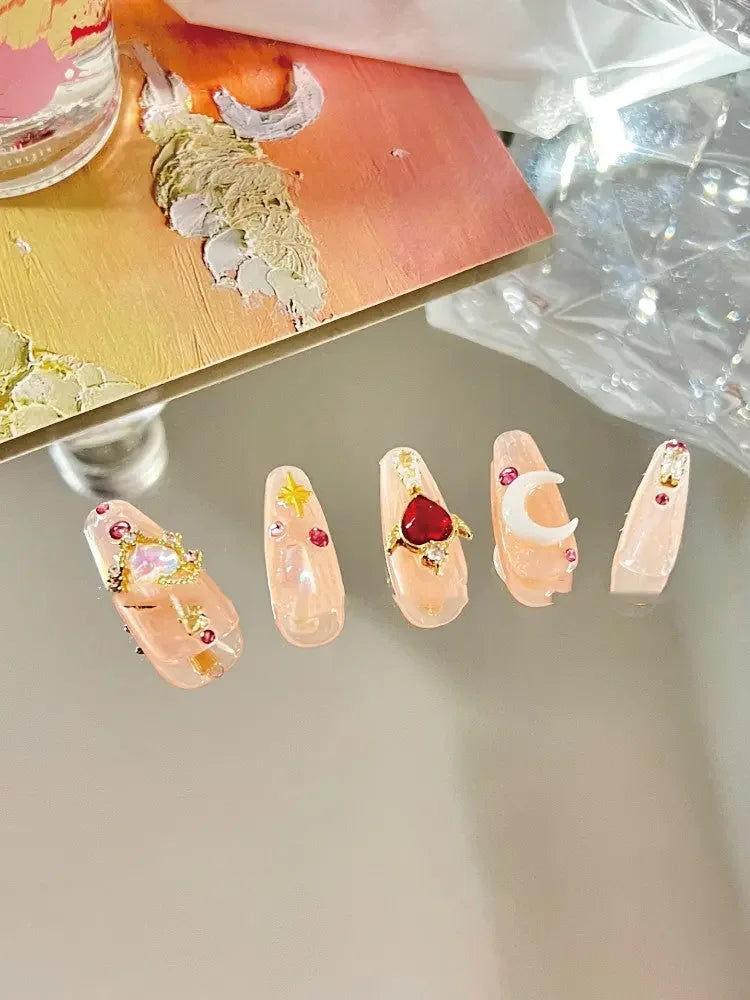 Nude Ballerina Fantasy Press On Nails Moon Sparkles and Gold Heart Gems Sage & Shimmer Beauty