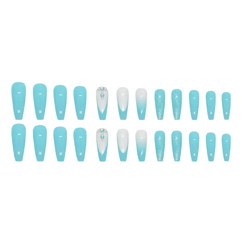 Cool Blue Long Square Press On Nails with Glitter and Diamond Accent Sage & Shimmer Beauty