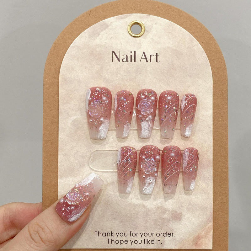 Pink Frosted Glitter Press On Nails with Rose Charms Sage & Shimmer Beauty