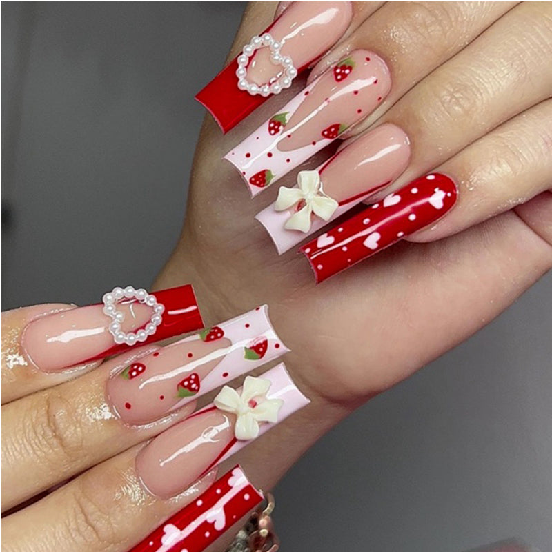 Strawberry Pink French Long Square Press On Nails with Heart, Bow, and Pearl Details