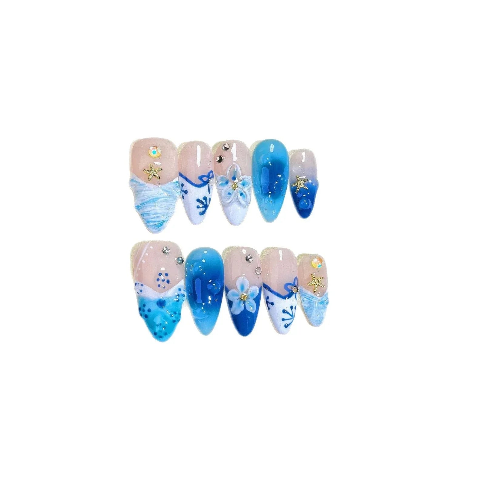 Cool Blue Almond Press On Nails with Floral and Ocean Design Sage & Shimmer Beauty