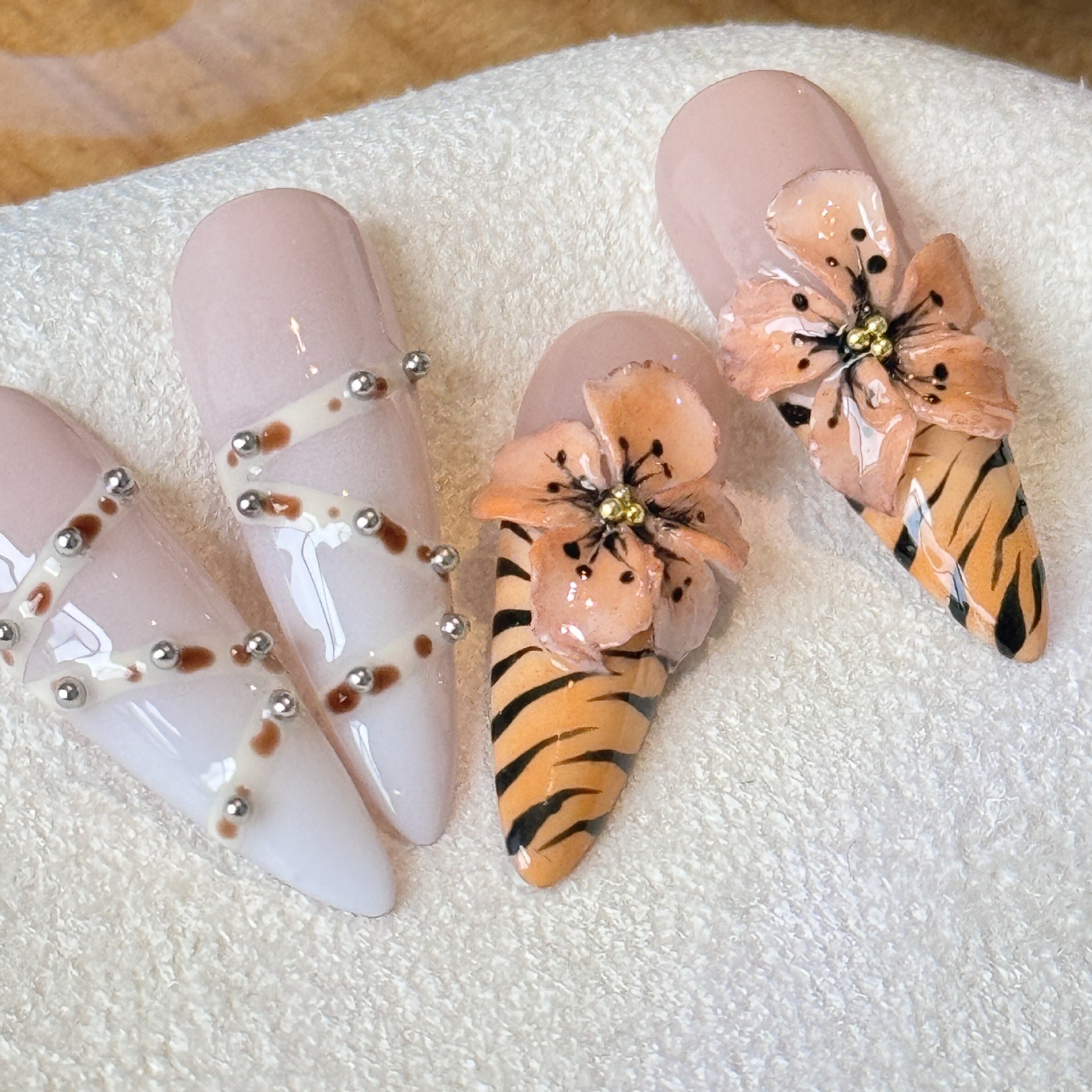 Floral Zebra Tortoise Shell Tiger Print Long Almond Press On Nails Sage & Shimmer Beauty