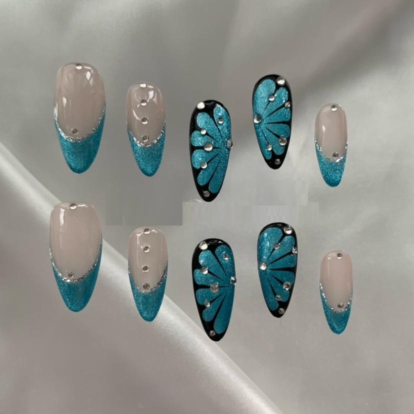 Blue Butterfly French Tip Long Almond Press On Nails Sage & Shimmer Beauty