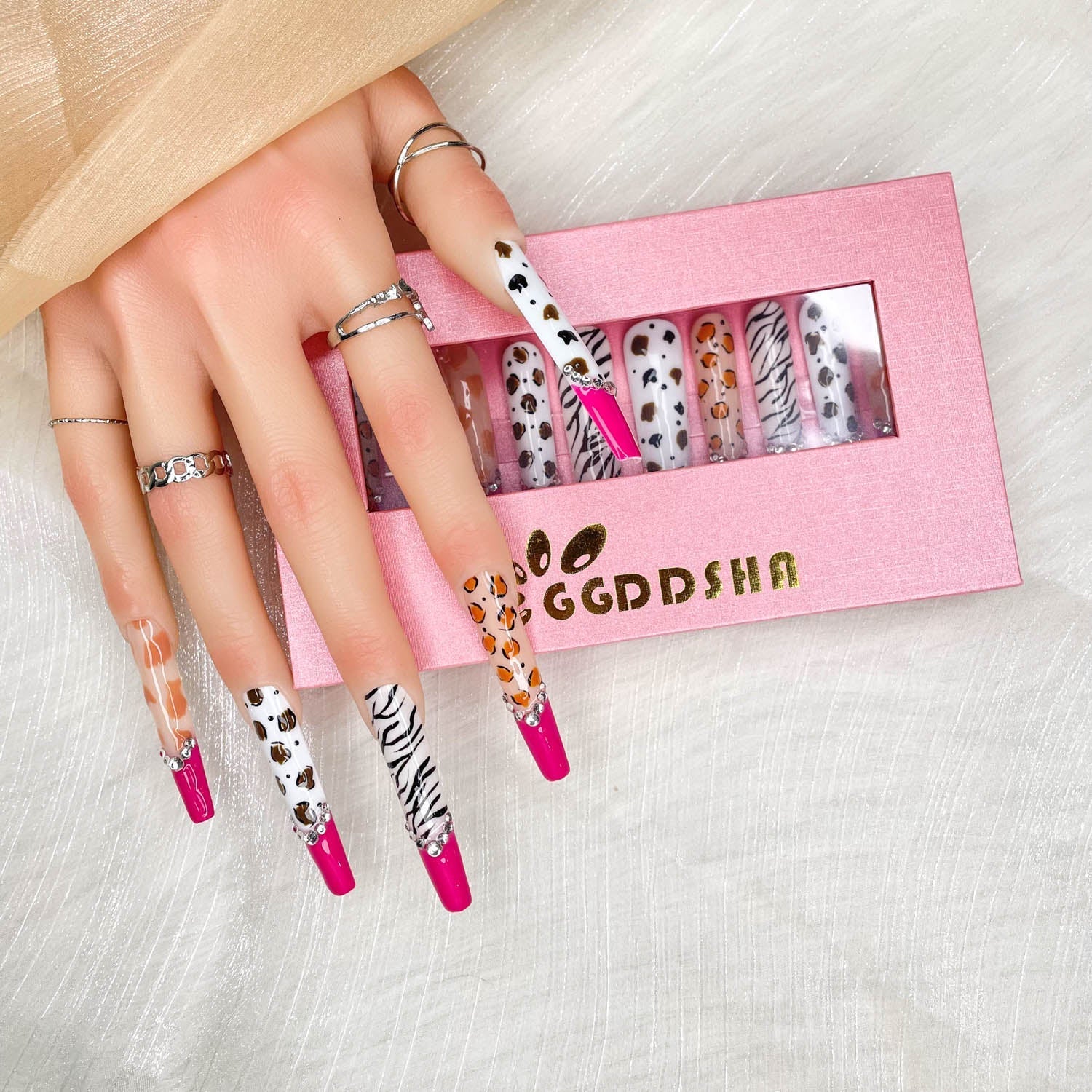 Hot Pink French Zebra Leopard Print Extra Long Stiletto Press On Nails Sage & Shimmer Beauty