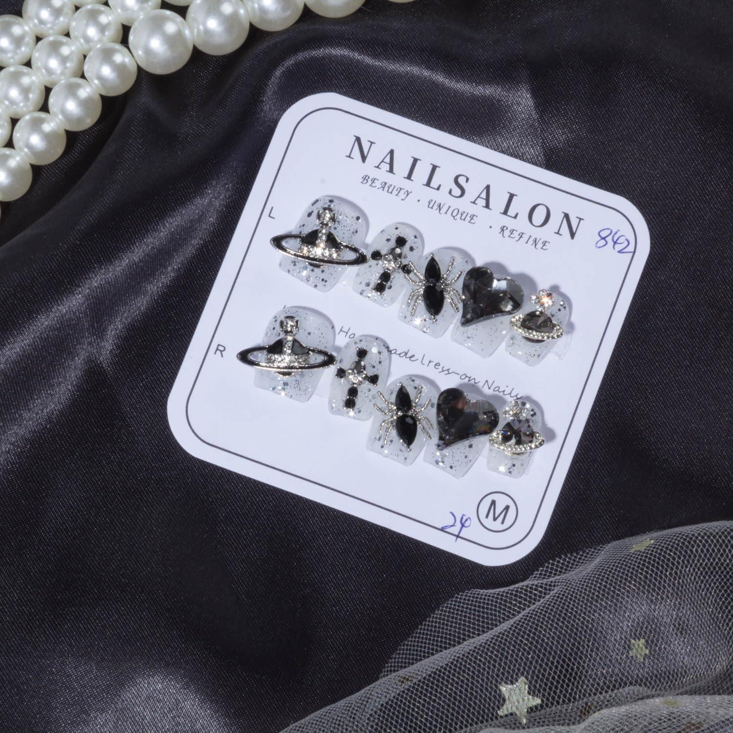 Midnight Stardust Press On Nails with Black Crystal Charms and Cosmic Glitter Sage & Shimmer Beauty