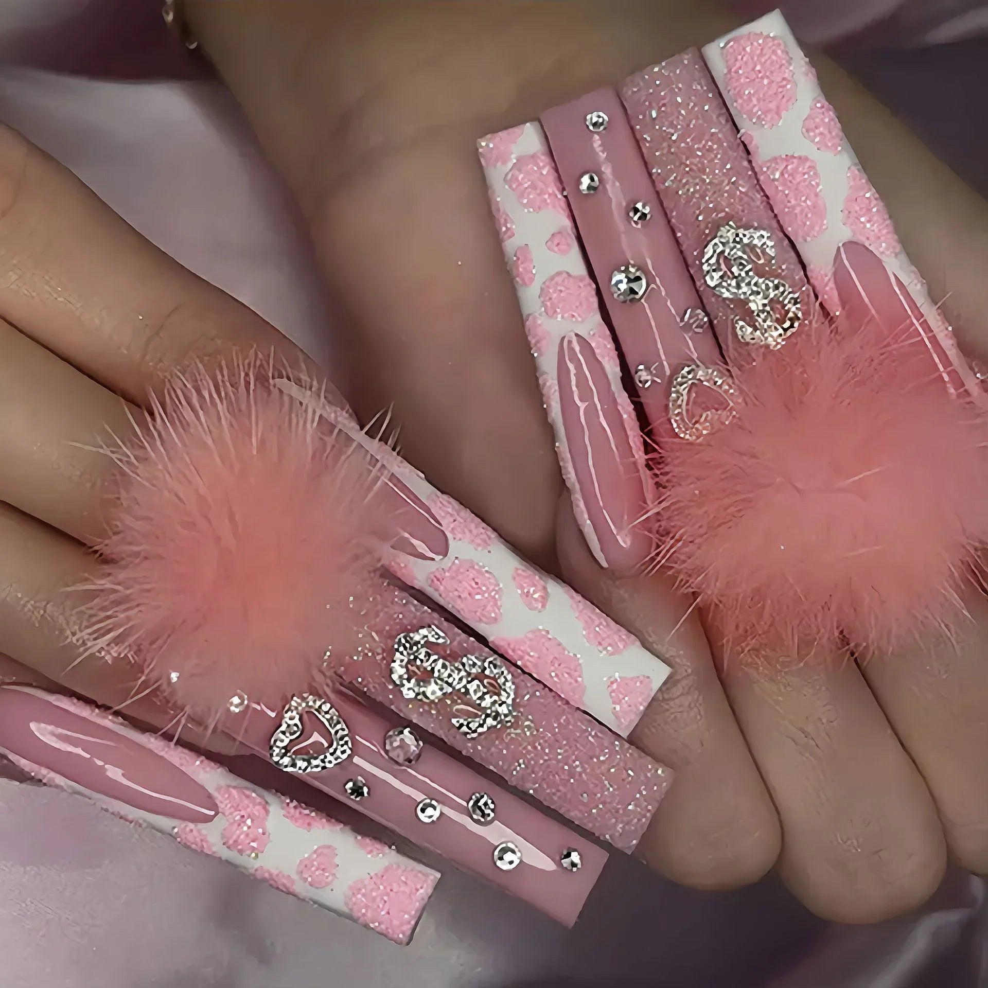 Cotton Candy Diamond Extra Long Ballerina Press On Nails with Rhinestones & Fluffy Charms Sage & Shimmer Beauty
