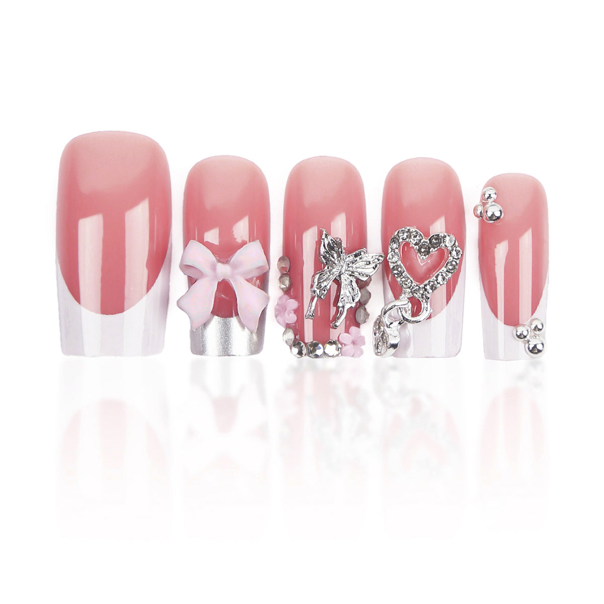 Pink French Short Square Press On Nails with Hearts and Bows Sage & Shimmer Beauty