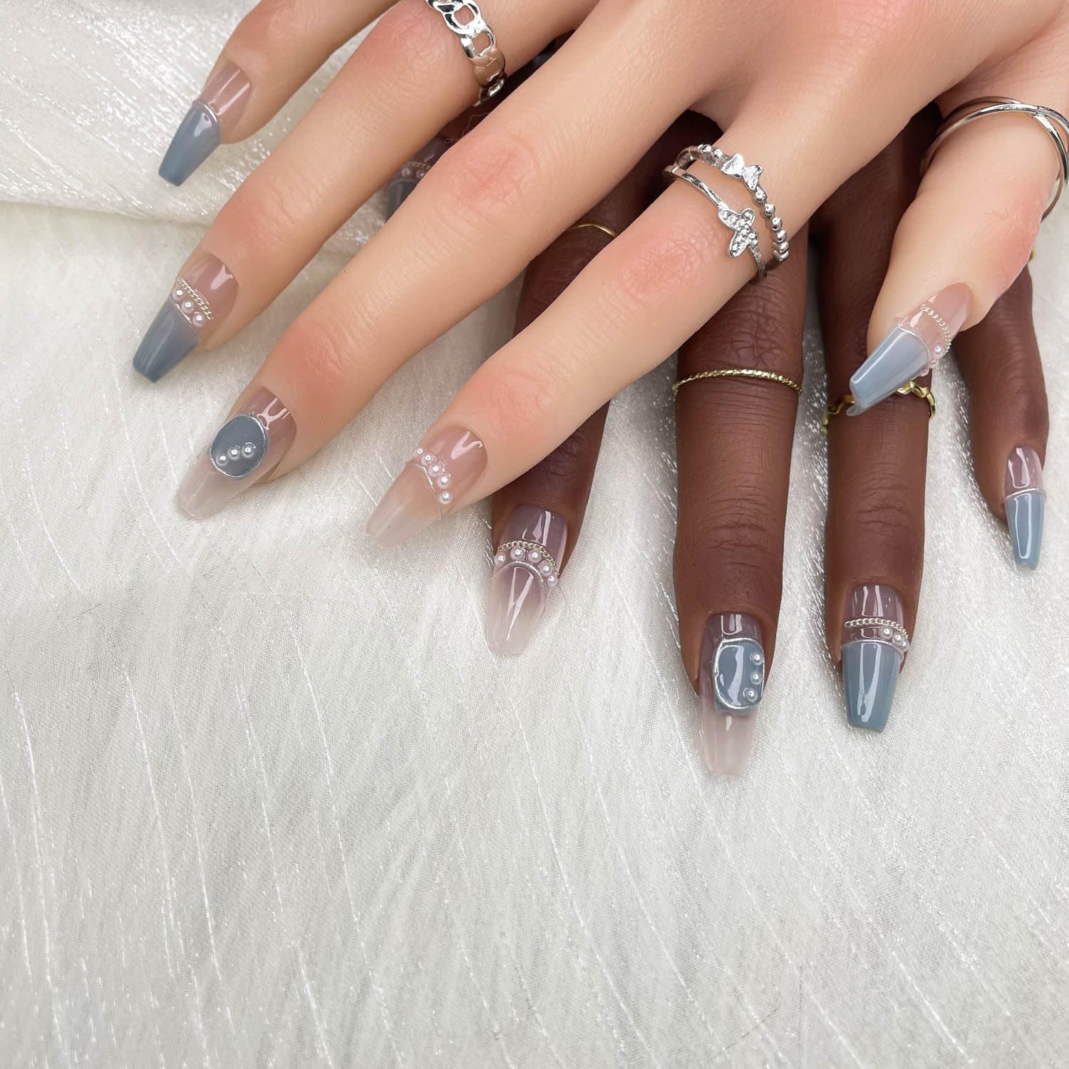 Blue French Pearl Accent Ballerina Press On Nails Sage & Shimmer Beauty