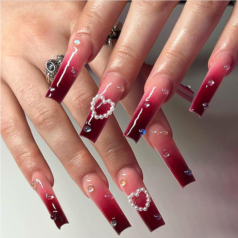 Burgundy Ombre Long Square Press On Nails with Heart and Pearl Charms Sage & Shimmer Beauty