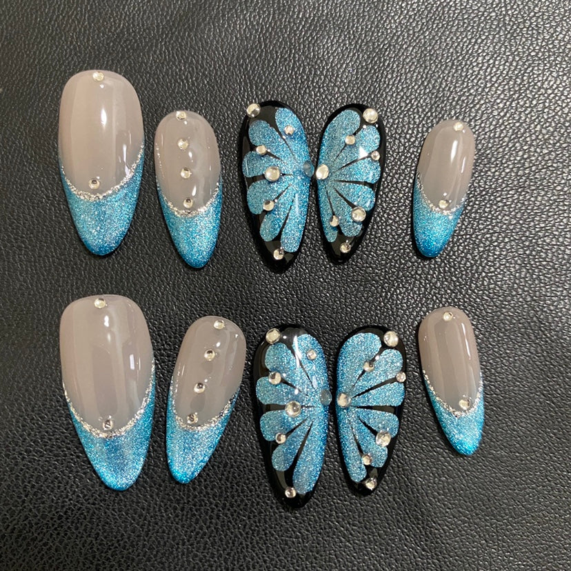 Blue Butterfly French Tip Long Almond Press On Nails Sage & Shimmer Beauty