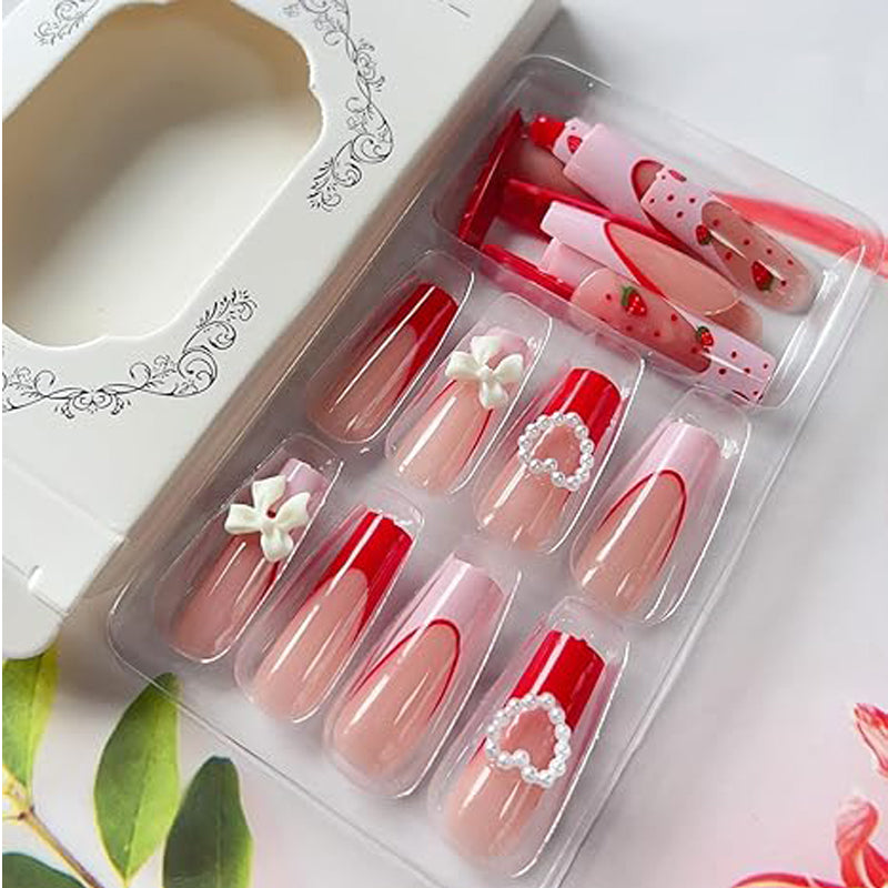 Strawberry Pink French Long Square Press On Nails with Heart, Bow, and Pearl Details