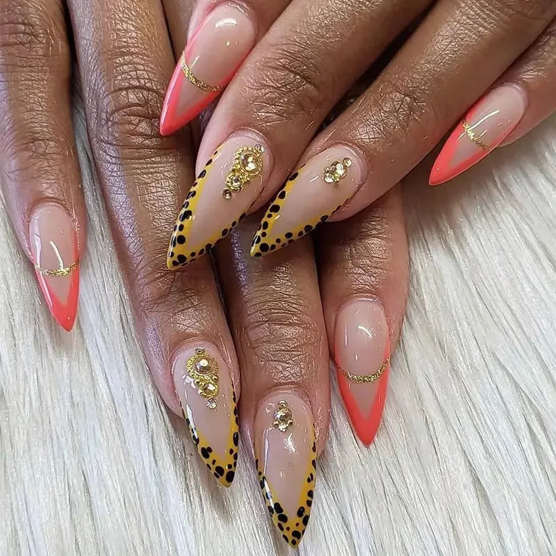 Pink and Black Leopard or Heart Print Stiletto Press On Nails Gold Accents Sage & Shimmer Beauty