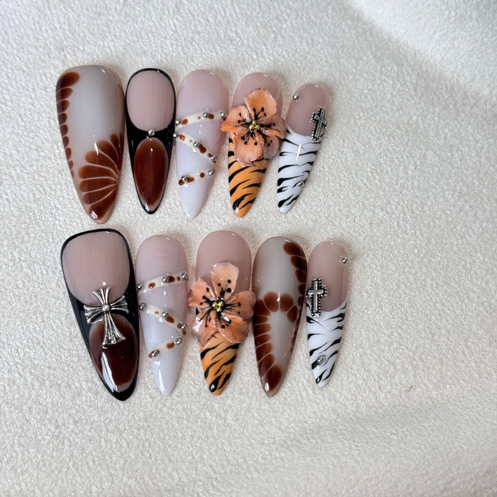 Floral Zebra Tortoise Shell Tiger Print Long Almond Press On Nails Sage & Shimmer Beauty