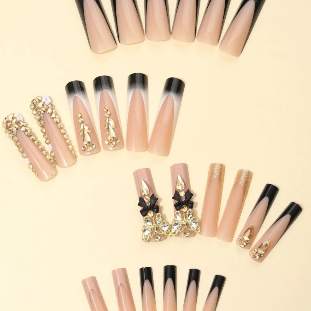 Black French 3D Butterfly Press On Nails Nude Rhinestone Coffin Set Sage & Shimmer Beauty