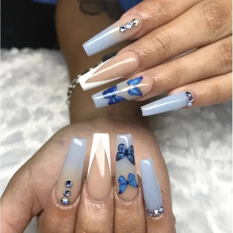 Long Blue Butterfly French Tip Coffin Press On Nails Sage & Shimmer Beauty