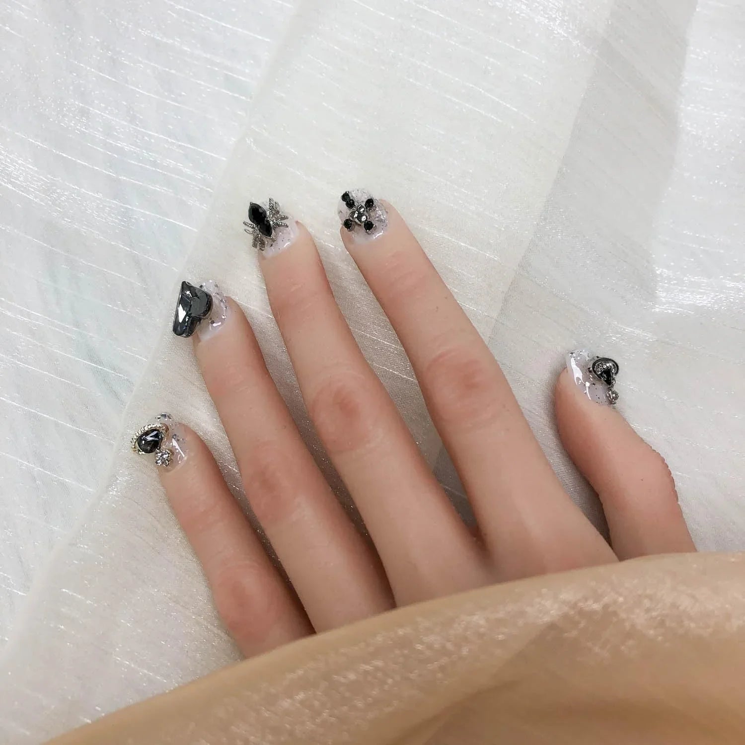 Midnight Stardust Press On Nails with Black Crystal Charms and Cosmic Glitter Sage & Shimmer Beauty