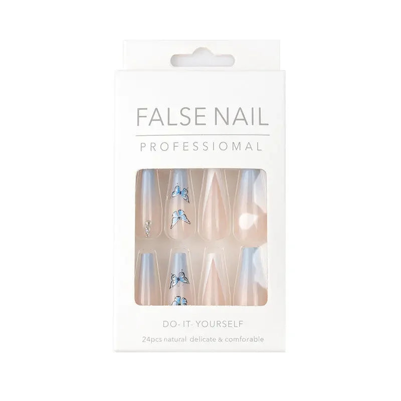 Long Blue Butterfly French Tip Coffin Press On Nails Sage & Shimmer Beauty