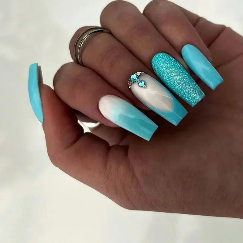Cool Blue Long Square Press On Nails with Glitter and Diamond Accent Sage & Shimmer Beauty