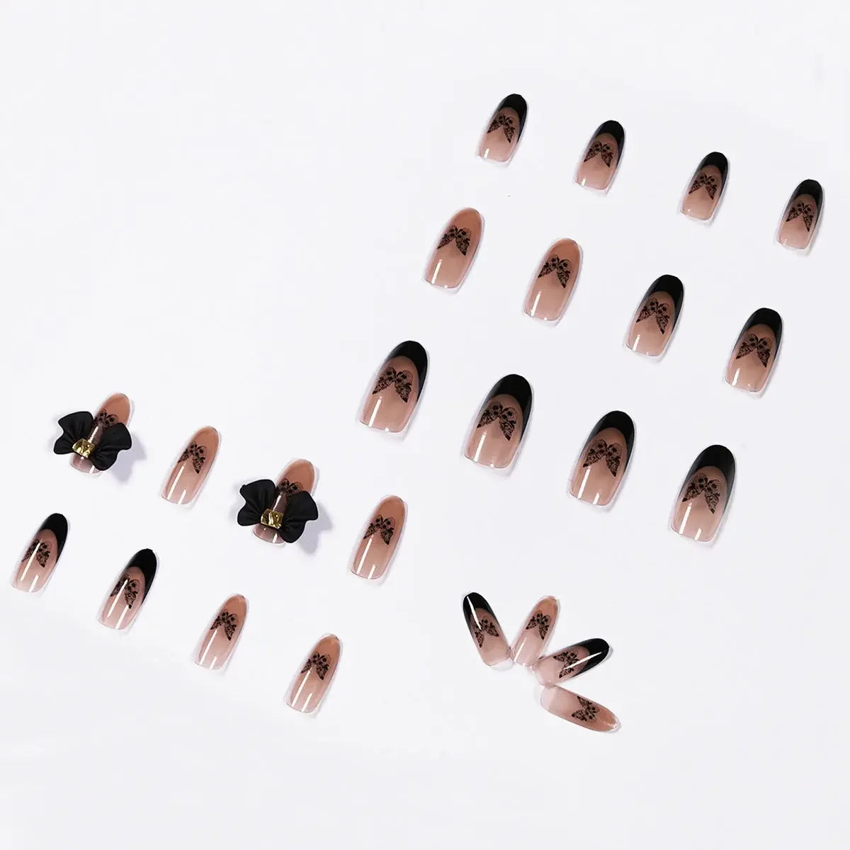 Black French Butterfly Press On Nails Transparent Nude Coffin Set Sage & Shimmer Beauty